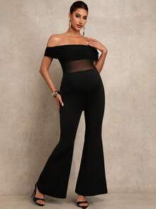 MaterniChic Maternity Solid Color Off Shoulder Jumpsuit  Party - Black - View 7