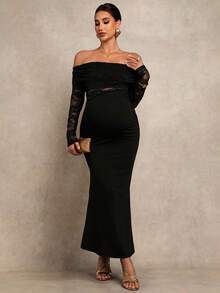 MaterniChic Maternity Clothes Maternity  Dress Summer Pregnant Clothes Black Maternity Dress With High Elasticity Lace, Elegant Party Look Maternity Contrast Lace Off-Shoulder Long Sleeve Fitted Elegant Dress Elegant Dresses For Party - Black - View 3