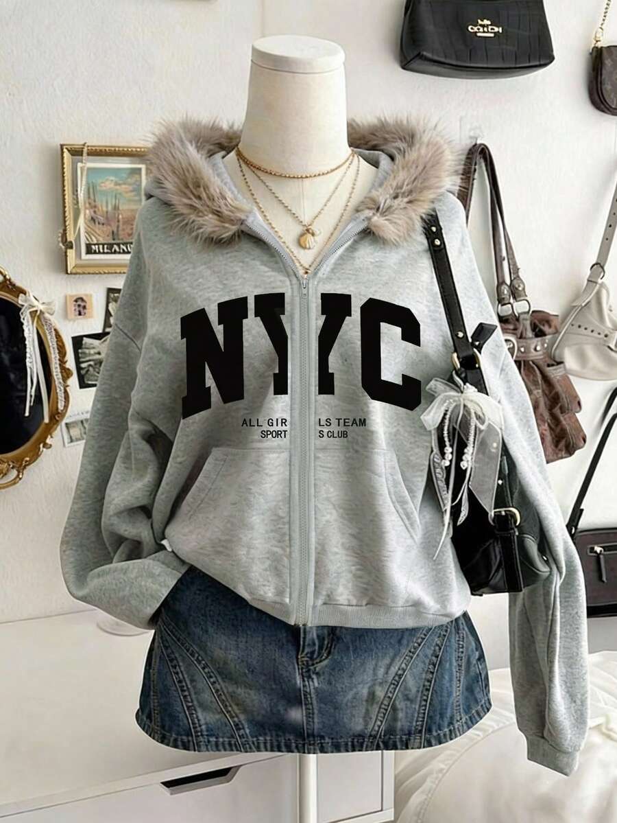 Lalippa 女士户外套头衫，秋季外套，灰色，图案设计，字母印花，抓绒卫衣，时尚优雅，百搭，适合户外、约会、假日穿着，秋冬外套，女士卫衣 - 灰色 - 查看 1