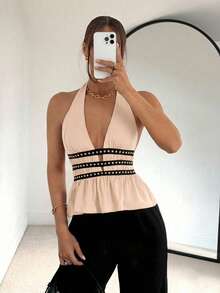 Siren Gaze Áo hai dây kiểu dáng mới mùa hè với đinh tán ở eo dành cho nữ - Màu be - Xem 6