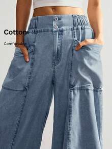 Bohemela 女士休闲纯色梭织宽松阔腿裤 - 藍色 - 查看 8