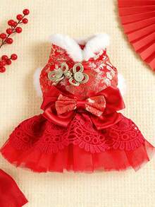PETSIN 1 件宠物服装，猫狗新年服装，高贵公主风连衣裙，红色新年装，带蝴蝶结装饰