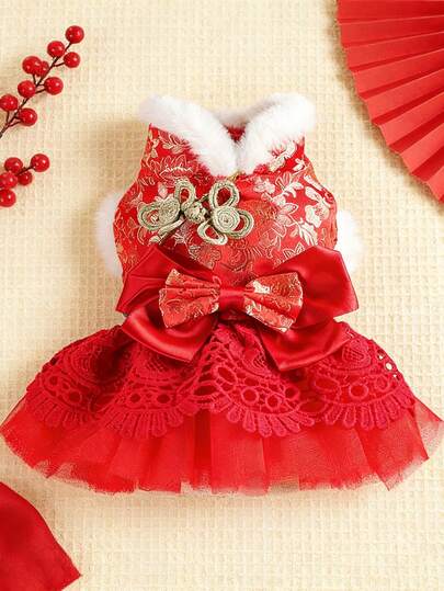 PETSIN 1 Piece Of Pet Clothing, New Year's Clothing For Cats And Dogs, Noble Princess Style Dress, Red New Year Outfit With Bow Decoration