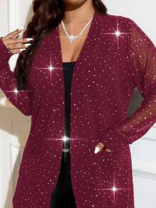 SHEIN Clasi Áo khoác cardigan đính sequin thời trang cỡ lớn dành cho nữ, thích hợp dự tiệc. - Màu Đỏ Sâu - Xem 10