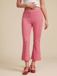 WESTFADE 刺绣镂空格纹修身喇叭七分弹力裤 - 紅白色 - 查看 2