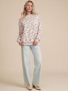 WESTFADE 圆领长袖宽松印花抓绒男友风卫衣，适合秋季、冬季、圣诞节、假日、新年、新年夜、波西米亚风、休闲场合。 - 粉色 - 查看 2