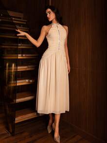 Modelyn 女士亮片拼接褶皱优雅吊带中长连衣裙 - 藕粉色 - 查看 1