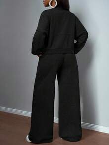 Slaydiva 2025 Autumn/Winter New Arrival Music Festival, Holiday, Western Style, Nomadic Style, Birthday Party, Graduation Season, Student Wear, Casual Daily Outfit, Basic Versatile, Letter Print Zip-Up Jacket And Straight Leg Sweatpants Set, Grey Faux Snow Flake Women 2 Pieces Set - Black - View 2