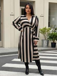 SHEIN LUNE Plus Size Striped Print Tie Front Wrap Long Sleeve Dress - Multicolor - View 3