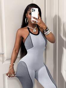 BamGleam Women's Halter Neck Striped Backless Seamless Bodysuit For Daily Wear & Fitness Singlet - Light Grey - View 7