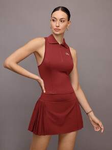 Activina Women's Letter Print Zip-Up Half Placket Vest And Skorts Sports Suit - Red - View 3