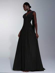 Elitara Váy chữ A xòe rộng, cổ chữ V, chất liệu lưới bóng, màu đỏ tía sang trọng, xếp ly (có thể tháo rời phần bèo nhún bằng chiffon), thích hợp cho các buổi hẹn hò, tiệc độc thân, đám cưới, sự kiện trang trọng, váy phù dâu. - màu đen - Xem 5