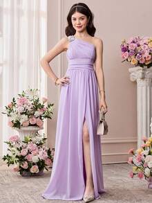 Pitira Teen Girl Purple Pearl Chiffon One-Shoulder Elegant Long Dress Purple Dress Elegant 15yr Old Lavender Dress Teen Light Purple Dress Bridesmaid Dress For Girls In Lavander - Purple - View 4