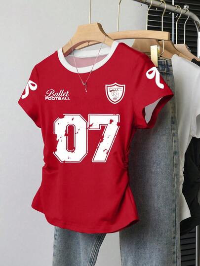 INAWLY Camiseta de mujer de manga corta, cuello redondo, de diseño ajustado con cintura fruncida, estilo casual de verano, para estudiante/diario/maestro/uso al aire libre, con estampado numérico y decoración de lazo, en color rojo elegante y cómodo