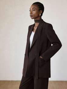 Aveloria Modichic Women's Lapel Collar Loose Long Sleeve Blazer And Wide Leg Pants Suit Set - Coffee Brown - View 3