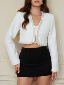 Aveloria Rosie Fashionable Tweed Beaded Embellished Long Sleeve Jacket