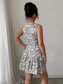 Vestido elegante de cuello redondo con estampado bohemio para mujer,Diseño ajustado a la cintura con detalles de volantes,Vestidos de mujer, vestidos estampados de mujer - Negro - Ver 2