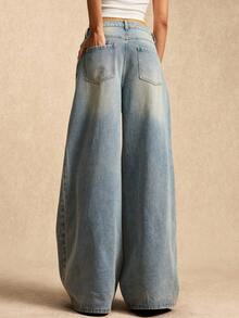 Easelle Women's Retro Low Waist Pockets Loose Fashion Versatile Jeans - Dark Wash - View 2