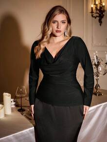 SHEIN Essnce 大码优雅女士连衣裙，派对上衣，红色长袖上衣，优雅翻领女士连衣裙，长袖女士连衣裙，红色上衣，圣诞节，派对女士连衣裙 - 黑色 - 查看 4