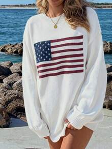 SoleilVie Usa Flag Design Drop Shoulder Sweater,Long Sleeve Tops Knit Pullover Fall Winter Sweater - White - View 3