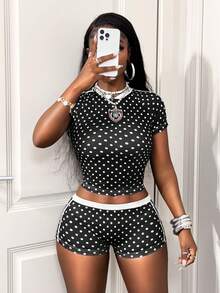 BamGleam 女士休闲波点短袖短裤套装，春夏款，波点图案，春夏款，女士两件套短裤套装，女士短裤套装，夜店装，两件套，小码两件套 - 黑與白 - 查看 5
