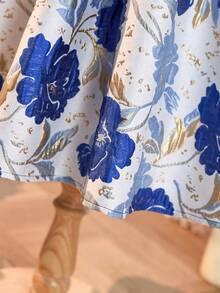 SHEIN Young Girl Elegant & Cute Floral Print Short Sleeve Dress - Blue - View 3