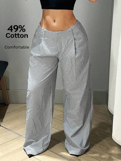 SHEIN ICON Pantalones de pierna ancha de cintura baja, ajuste holgado, largo hasta el piso, gris con rayas verticales para mujer estilo Y2K