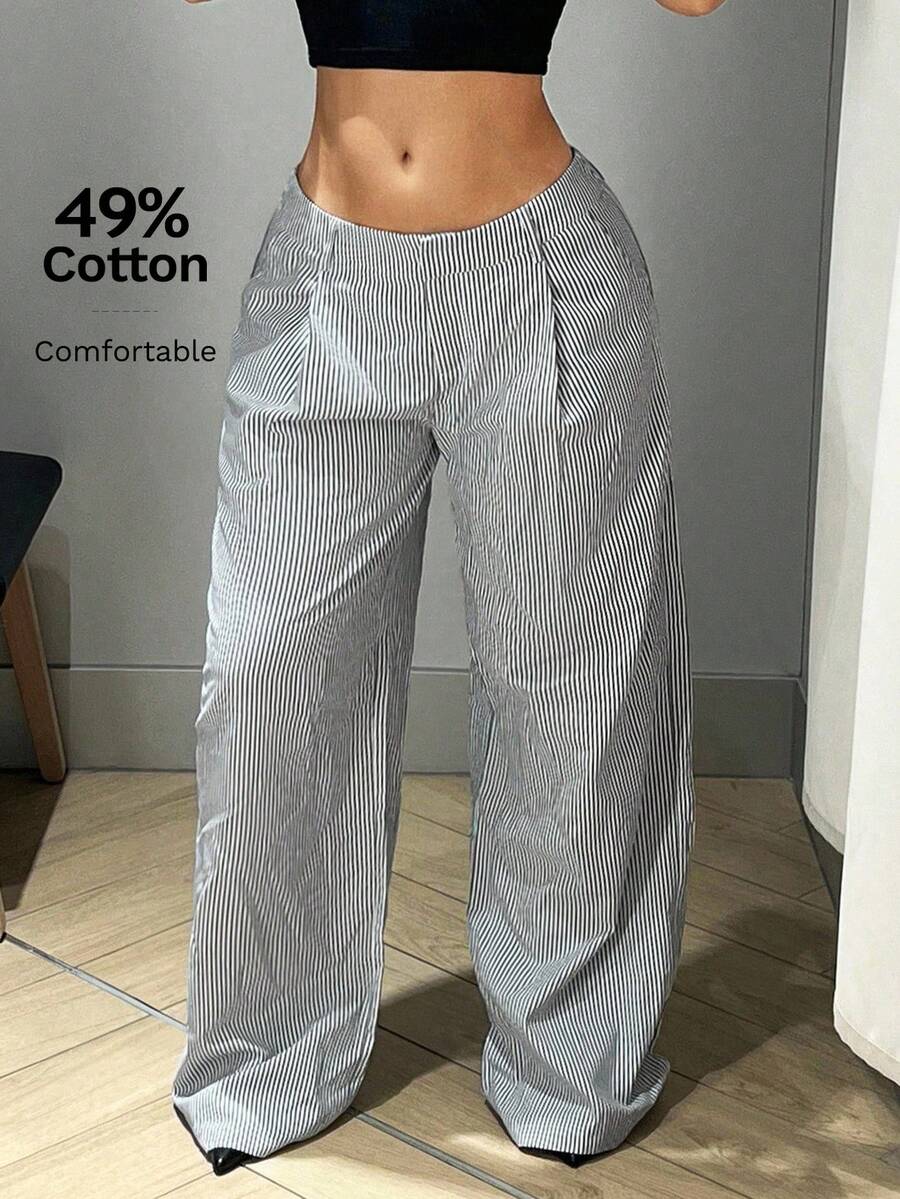 SHEIN ICON Nữ Y2k Eo Thấp Kiểu dáng rộng Quần ống rộng Chiều dài sàn Quần sọc dọc màu xám - Xám - Xem 1