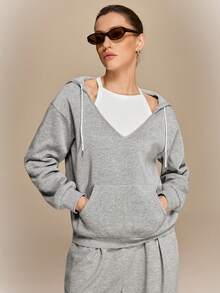 Qadelle Sweatshirt Wanita Lengan Panjang Model Bahu Longgar Warna Polos dengan Saku dan Tali Serut - Grey - View 4