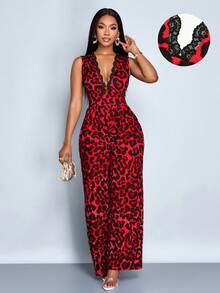 SOLERSUN Women's Contrast Lace Leopard Print Deep V Sleeveless Wide Leg Jumpsuit, Elegant For Commuting And Casual Dating, Sexy & Romantic - Red - View 1