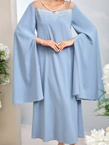 Al Najma 女士时尚优雅网纱拼接土耳其长裙，阿拉伯传统长袍 - 藍色 - 查看 6