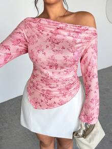 Firerie 大码女式优雅浪漫扎染印花长袖不对称下摆T恤 - 粉色 - 查看 5