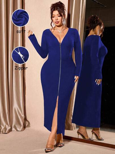 Cravure Women's Plus-Size Y2K-Inspired Sexy Detailed Zip V-Neck Long-Sleeve Knitted Dress For Autumn & Winter - Slim-Fit, Elegant With Slit Hem Bodycon Dress Royal Blue Long Sleeve Dress Elegant Blue Dress Long Bodycon Dress Curve Blue Dress Zipper Dress