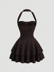 Sweetra 春夏新款设计感十足的高街优雅复古性感修身镂空露背吊带连衣裙，优雅百搭，舒适休闲，适合派对、聚会等各种场合，棕色女装 - 棕色 - 查看 2