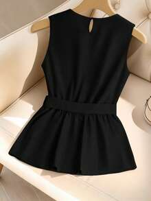 GlowEve CURVE 加大码无袖串珠收腰衬衫，时尚优雅百搭，圆领收腰设计，情人节元素 - 黑色 - 查看 2