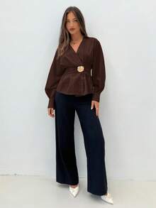 Siren Gaze 女士时尚优雅束腰衬衫，秋冬季 - 棕色 - 查看 3