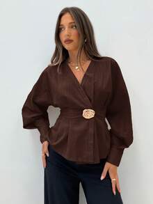 Siren Gaze 女士时尚优雅束腰衬衫，秋冬季 - 棕色 - 查看 4