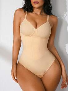 SHEIN 一件装女士无缝塑身衣，双层压缩束腰带，舒适日常穿着，按扣闭合 - 杏色 - 查看 6