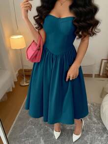 Rafferiza 时尚百搭约会派对吊带喇叭连衣裙，适合秋冬季女性 - 湖藍色 - 查看 6