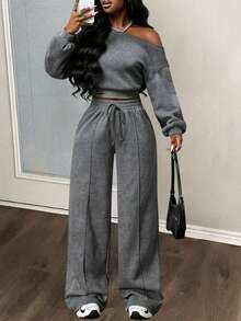 Slaydiva 2025 Autumn/Winter New Music Festival, Holiday, Western, Nomadic Style Outfit, Suitable For Birthday Party, Graduation Season, Student Wear, Casual Daily Wear, Basic Versatile, Letter Print Zip Collar, Oblique Shoulder + Straight Leg Sweatpants 2-Piece Set - Grey Faux Snow Flake For Women Grey Two Piece Set Two Piece Set Women Comfy - Dark Grey - View 3