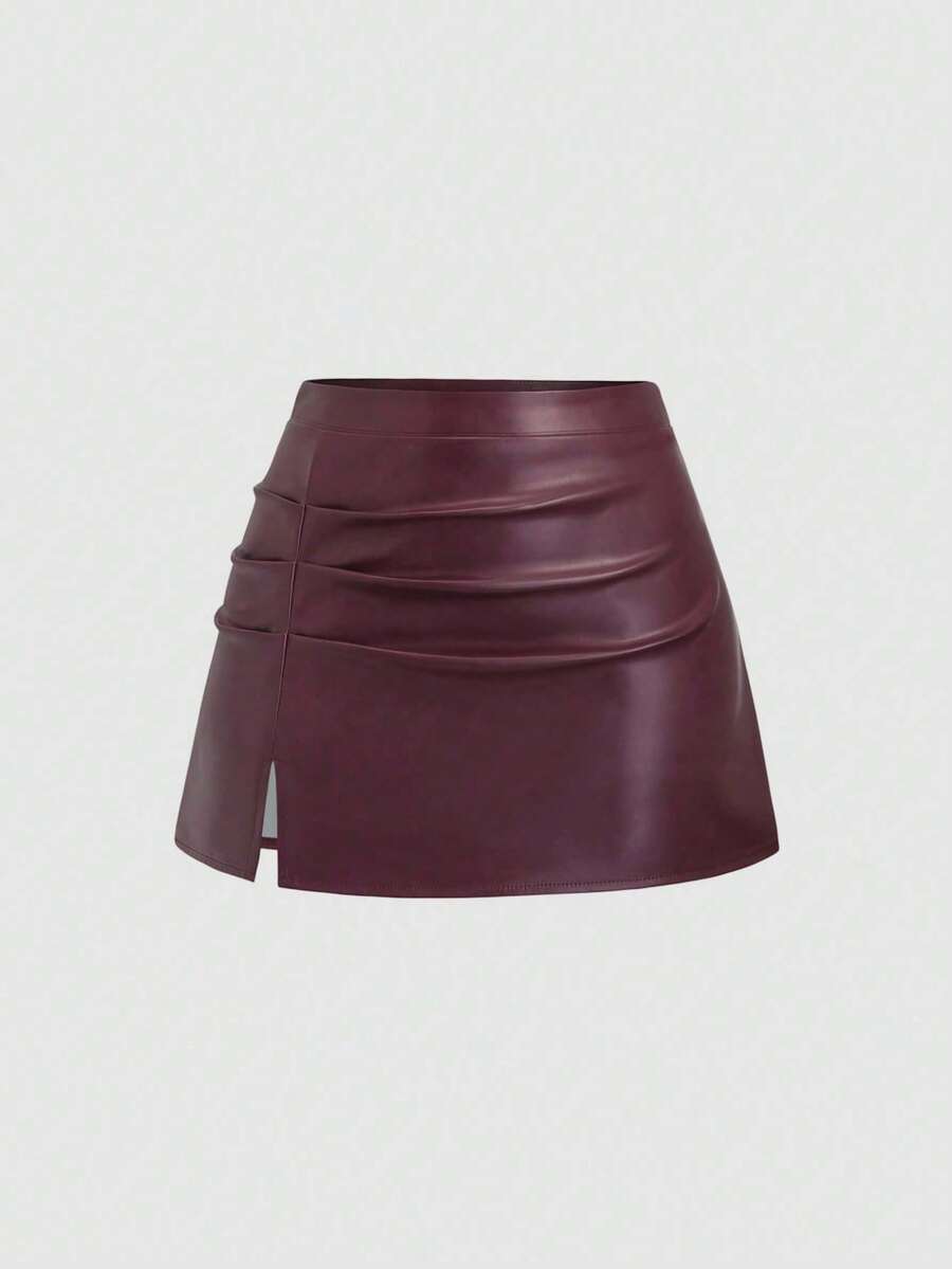 Sweetra Petite 秋冬休闲A字喇叭PU皮迷你裙，娇小女性的时尚之选 - 酒紅色 - 查看 1