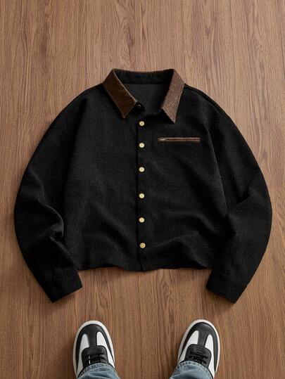 EASEVO Plus Size Men's Contrast Color Patchwork Collar Casual Long Sleeve Corduroy Shacket Crop Jacket For Men Black Corduroy Jacket Men Button Up Jacket Men