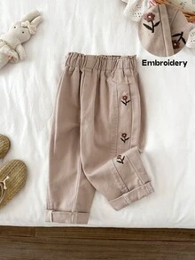 LMoss Kids 女婴花卉刺绣宽松锥形卡其色牛仔裤，适合秋季、冬季休闲时尚度假、街头服饰，展现2000年代风格，也适合圣诞节和秋冬复古风。 - 杏色 - 查看 7