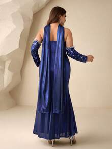 Coutiva Vestido de Festa de Gala de Mulheres Plus Size com Design de Fita e Decoração de Pérola Falsa, Vestido de Festa Formal com Elegância - Azul Royal - Visão 2
