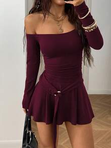 SHEIN HypeZone Đầm dài tay ôm sát, hở vai dành cho nữ - Màu Hồng Tươi - Xem 4