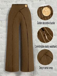 DreamSkyne 大码女式条纹重叠腰部夸张金属扣装饰弹力腰宽松阔腿裤，休闲百搭设计，适合日常穿着和通勤。 - 棕色 - 查看 1