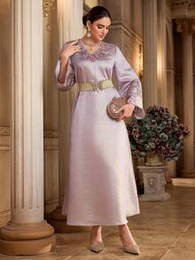 Al Najma Women's Floral Embroidered V-Neck Long Sleeve Elegant Arabic Dress Kaftan Jalabiya Dress - Mauve Purple - View 5