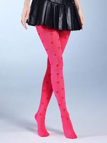 ROMWE Kawaii 1双女士银色爱心图案连裤袜，简约时尚休闲风，四季皆宜，日常穿着 - 玫紅色 - 查看 3