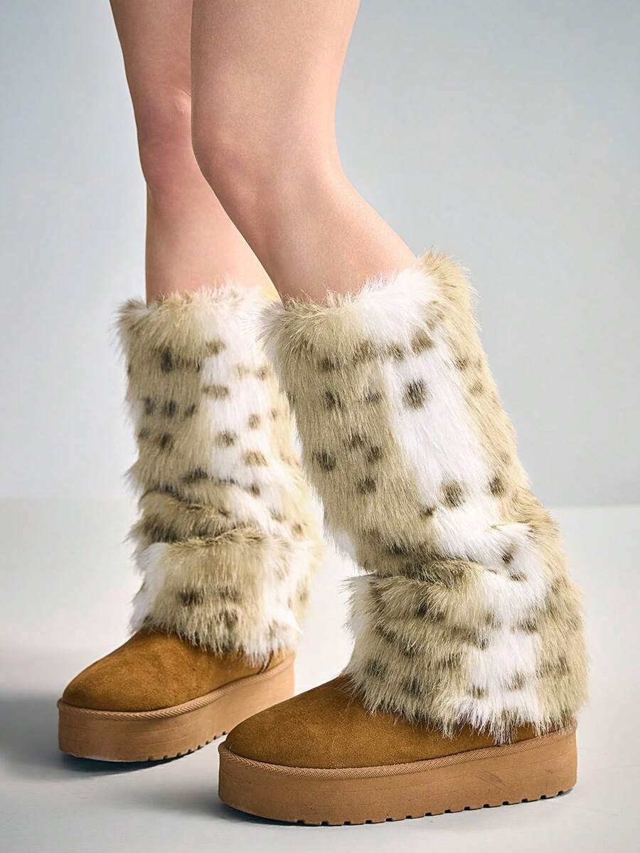 ROMWE Goth 1 Paar braune Y2K Babe Kawaii süße Leoparden Muster Fellbeinwärmer, modisches & simples Design, geeignet für Uni, Einkaufen, Pendeln, Musikfestivals, Dates, Streetwear - Braun - Übersicht 1