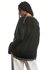 LYSMO 黑色背心,白色對比拼接車縫,威孚袖設計 - 黑色 - 查看 2